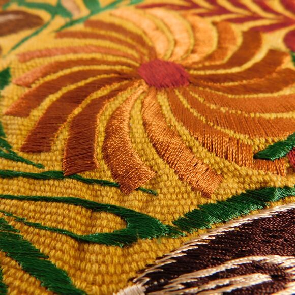 Floral Silk Embroidered Table Runner, Gold Brown Fall Autumn Fringe 90"x17" - Picture 12 of 12